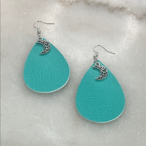 Turquoise Teardrop Earrings with Silver Moon Charm - Picture 4 of 4